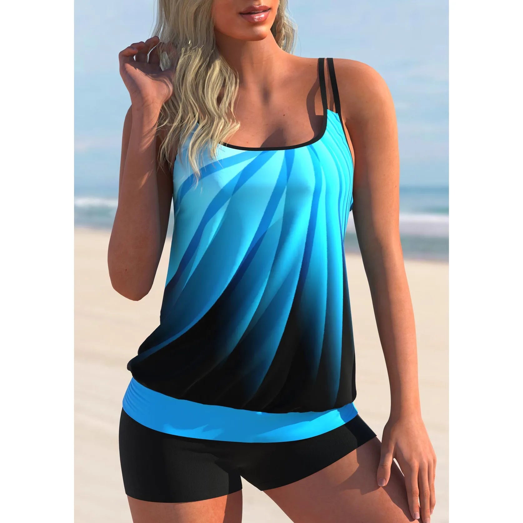 Plus size women's swimsuit set with strap top and shorts in butterfly print pattern