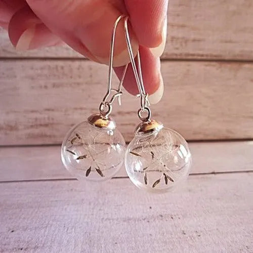 16mm transparent glass earrings with dandelion seed pattern on silver French hook