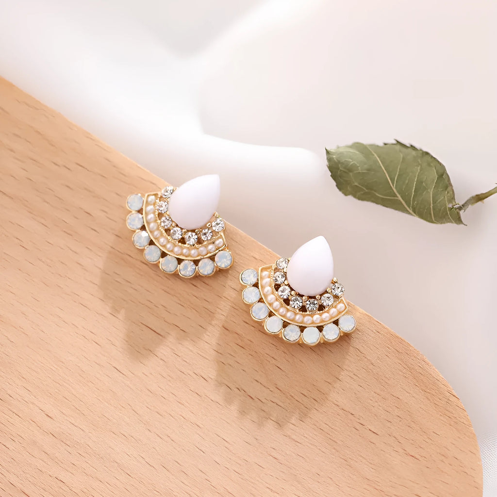 Retro fan-shaped geometric earrings with rhinestone detailing and electroplated silver finish
