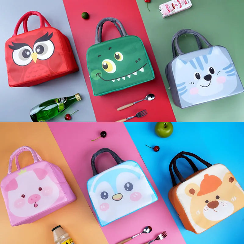 Children's insulated cartoon lunch box bag showing orange bear design with aluminium foil insulation