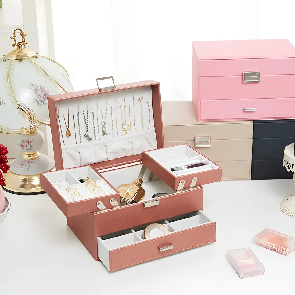 Hard shell PU leather jewelry storage box in solid color with dimensions 22.5cm x 15.5cm x 14cm