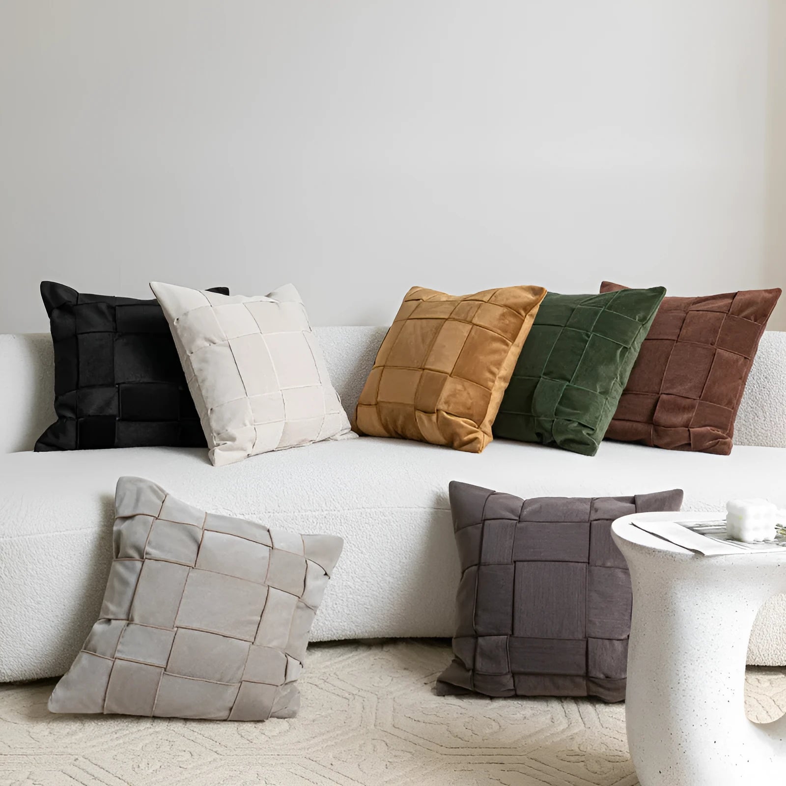 Square chenille woven cushion in beige, black, orange, reddish brown, green, coffee or taupe, 50cm size.