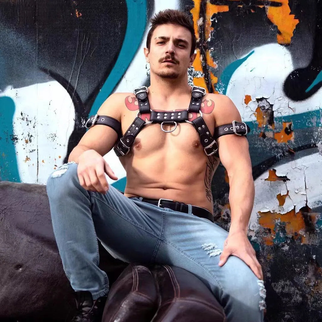Black leather chest strap with metal buckle bondage design for adult men