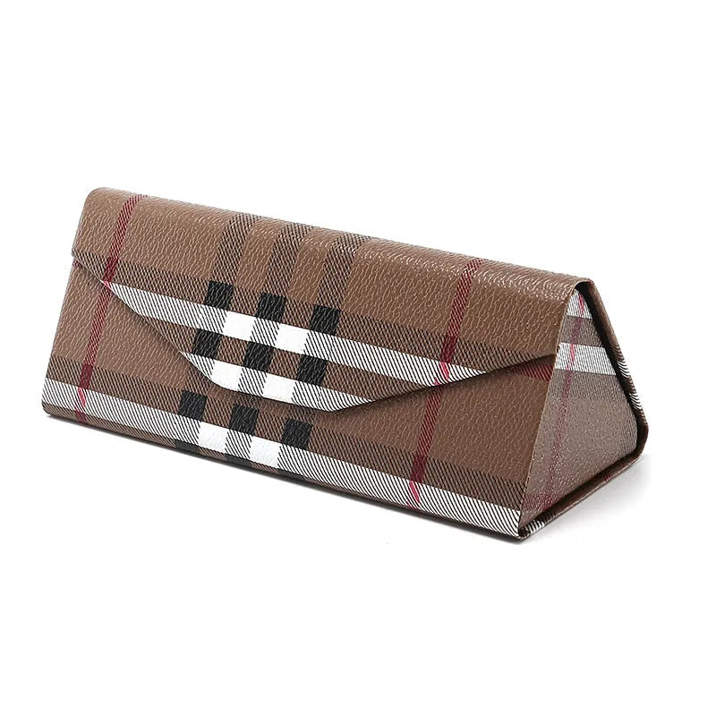 Handmade triangular folding glasses case in PU cowhide, shown in black colour with dimensions 160x66x16mm