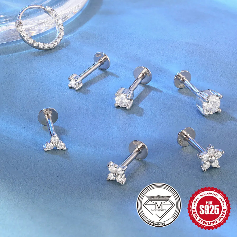 Sterling silver S925 stud earrings with platinum finish showing geometric petal designs in round, triangle, and multi-petal shapes