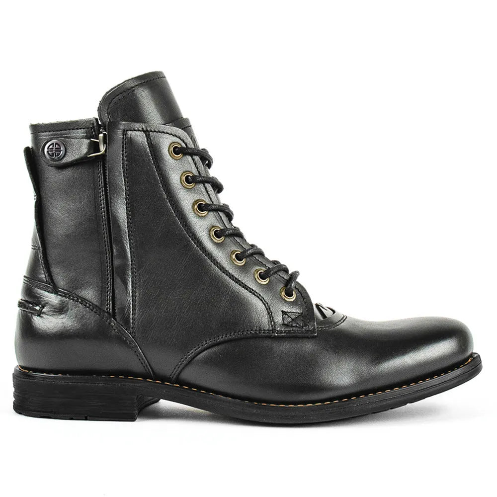 Men's black Knight Series leather ankle boots with a side zipper and low heel.