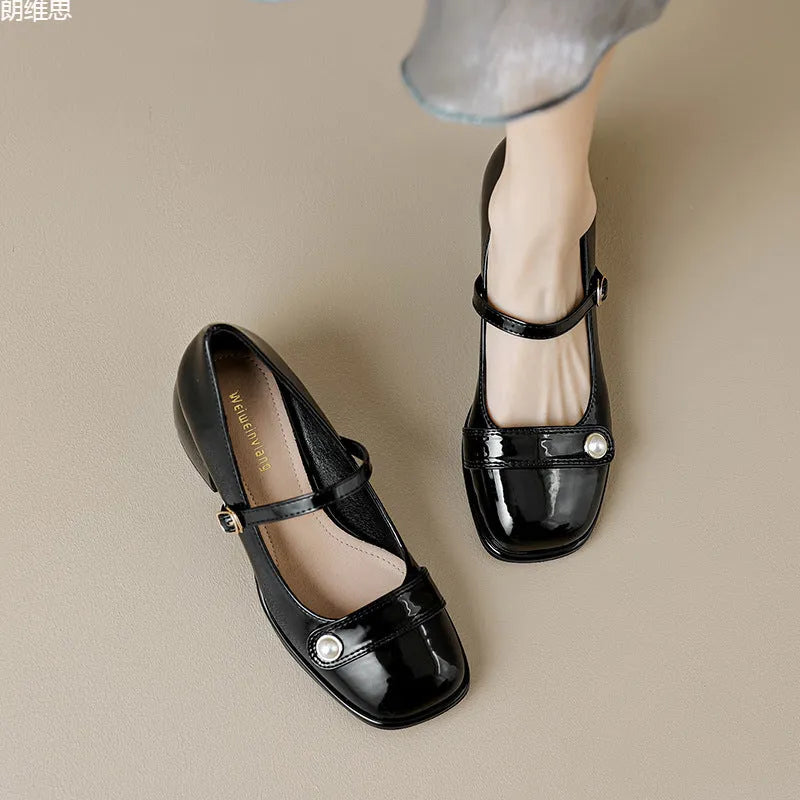 Patent leather chunky heel ankle boots with square toe and buckle fastening in apricot colour