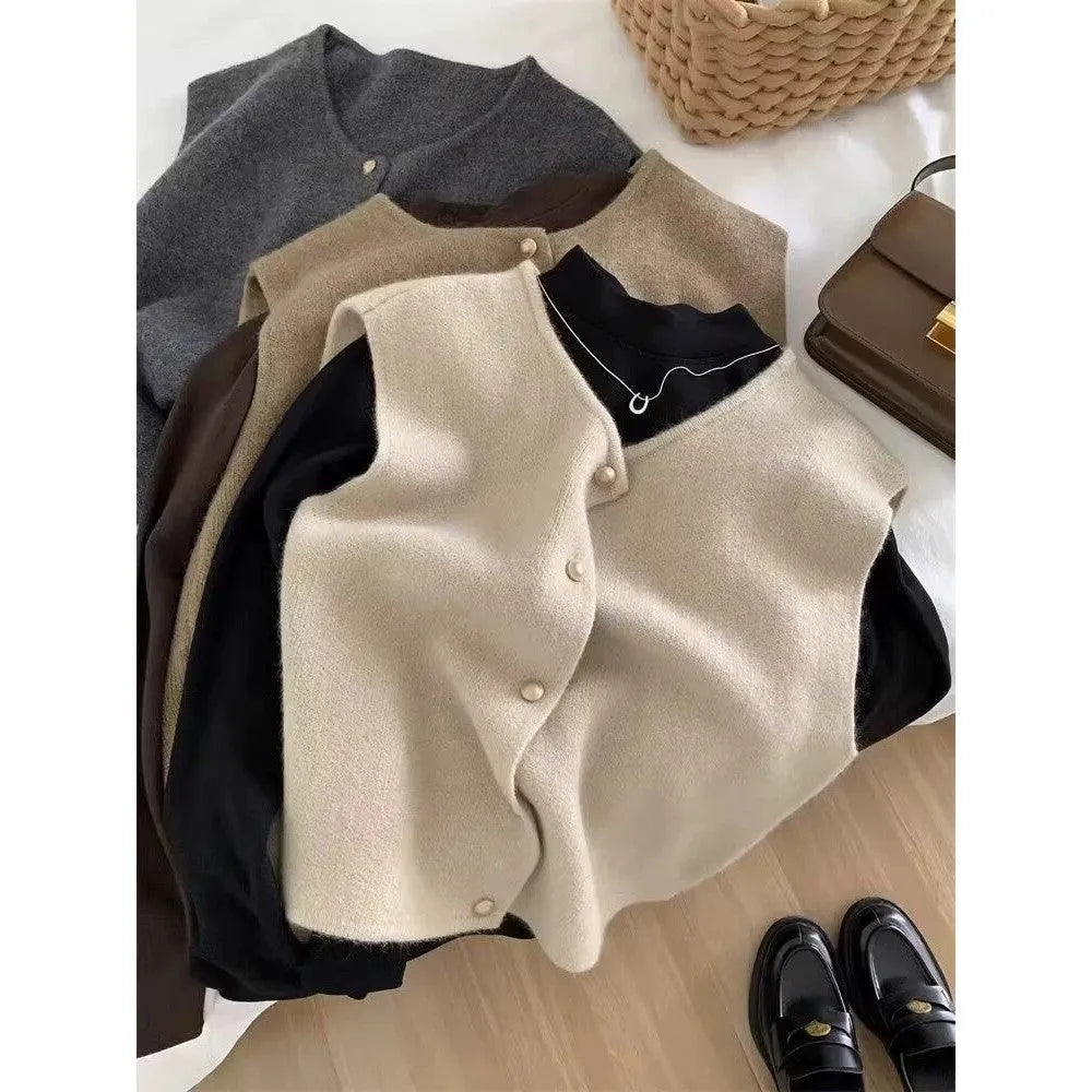 Polyester pullover vest in apricot colour with half sleeves for casual commute wear
