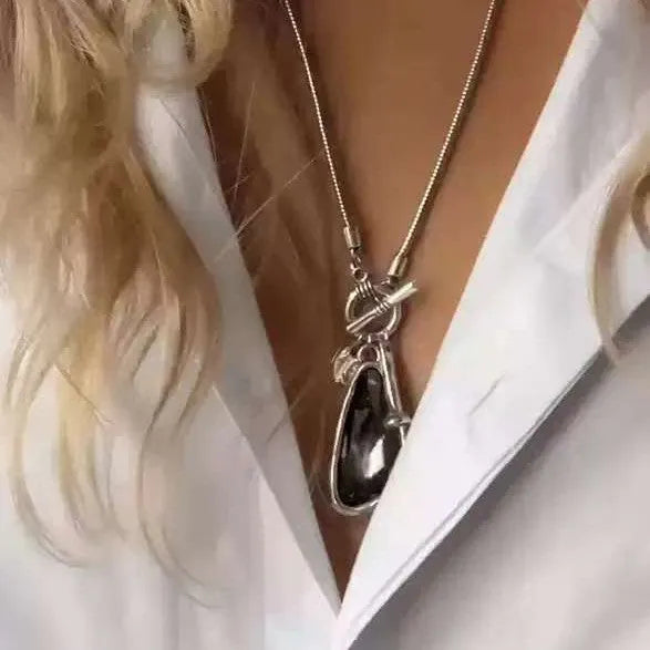 Women's long sweater chain necklace with geometric plaid pendant on snake bone chain