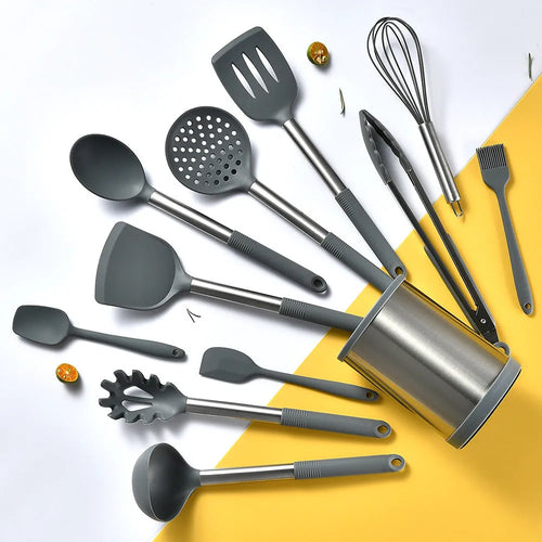 12-piece silicone kitchenware set with rotating storage bucket in black, including spatula, spoons and cooking utensils