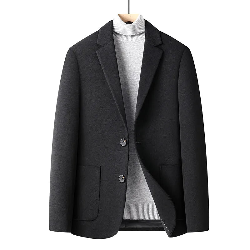 Men's slim fit wool blend jacket in grey, shown with polyester lining and suit-style cut for autumn wear