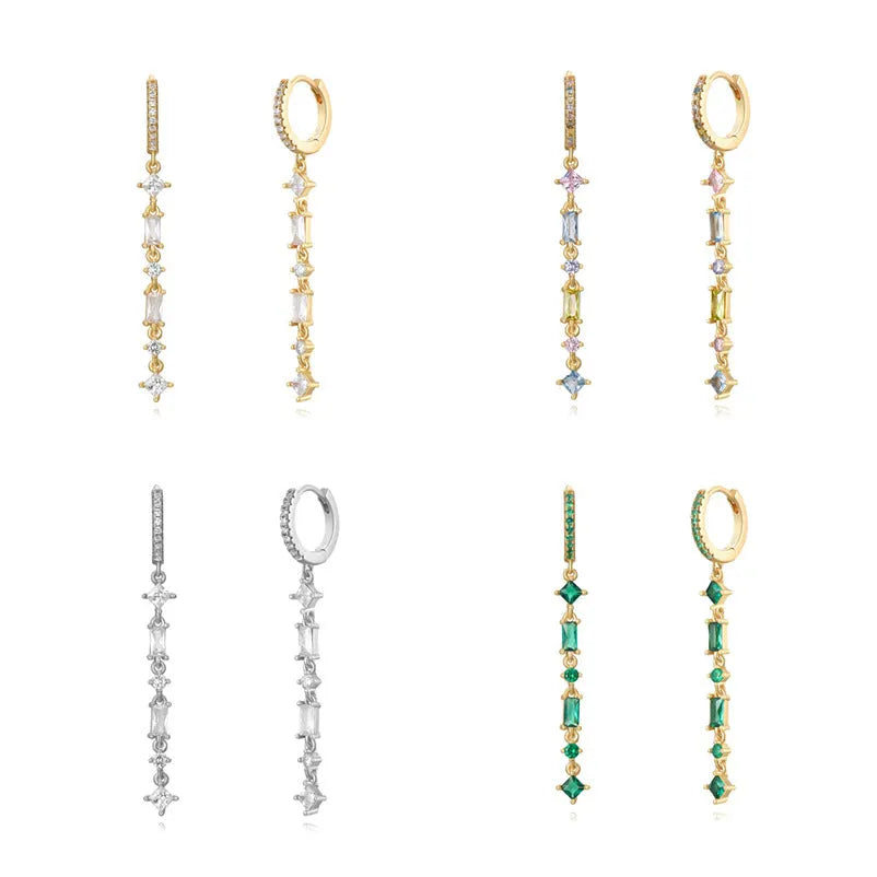 Sterling silver geometric U-shaped tassel earrings with micro-inlaid colourful zircon stones in clip-on design