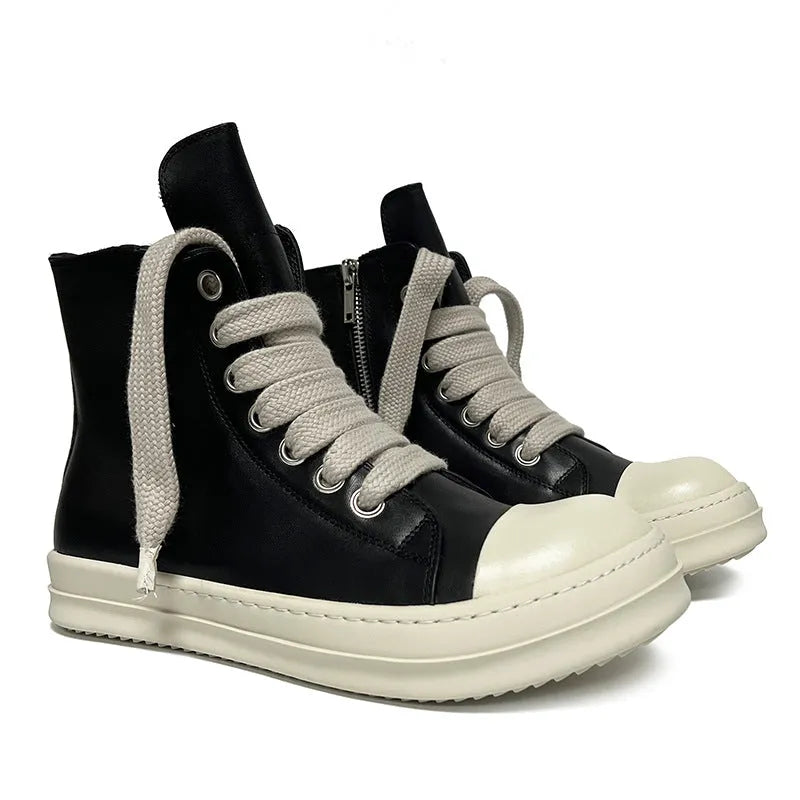 Men's and women's black high-top leather sneakers with a side zipper and round toe on a rubber sole.