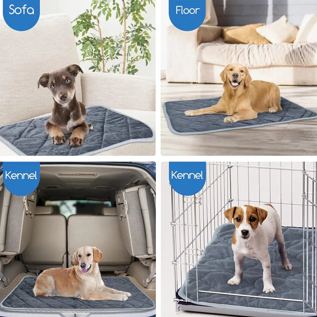Grey super soft cloth pet cushion shown in multiple sizes for dogs and cats