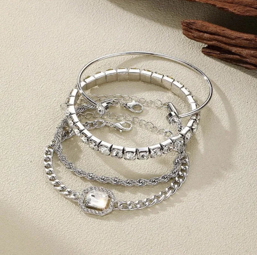 Women's retro geometric alloy bracelet set with square diamond charms and metal chain links