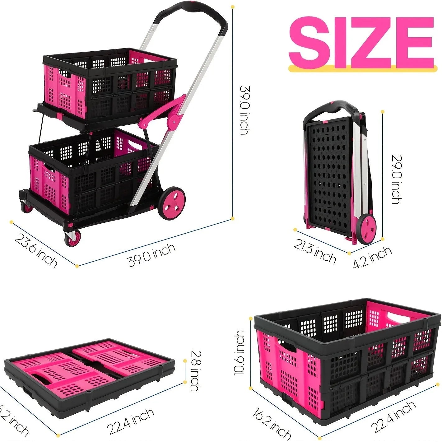 Foldable plastic shopping cart with double-layer basket in blue, purple, pink, or red colour options