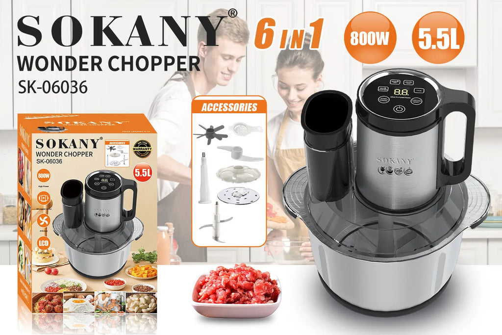 Stainless steel semi-automatic meat grinder with 5L capacity and vegetable cutting attachments