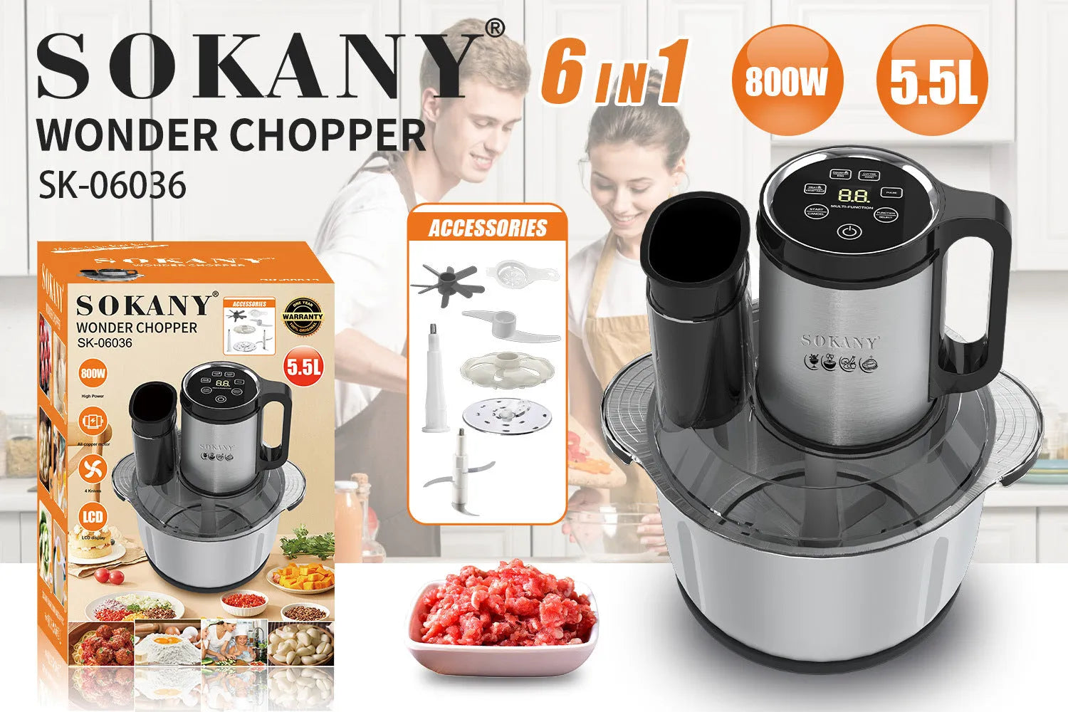 Stainless steel semi-automatic meat grinder with 5L capacity and vegetable cutting attachments