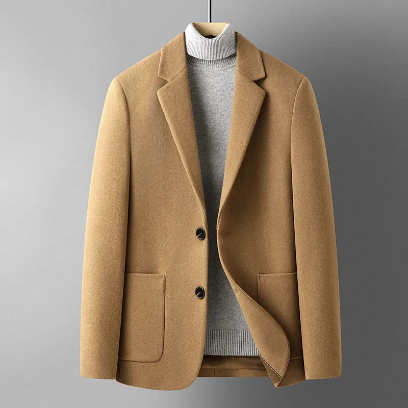 Men's slim fit wool blend jacket in grey, shown with polyester lining and suit-style cut for autumn wear
