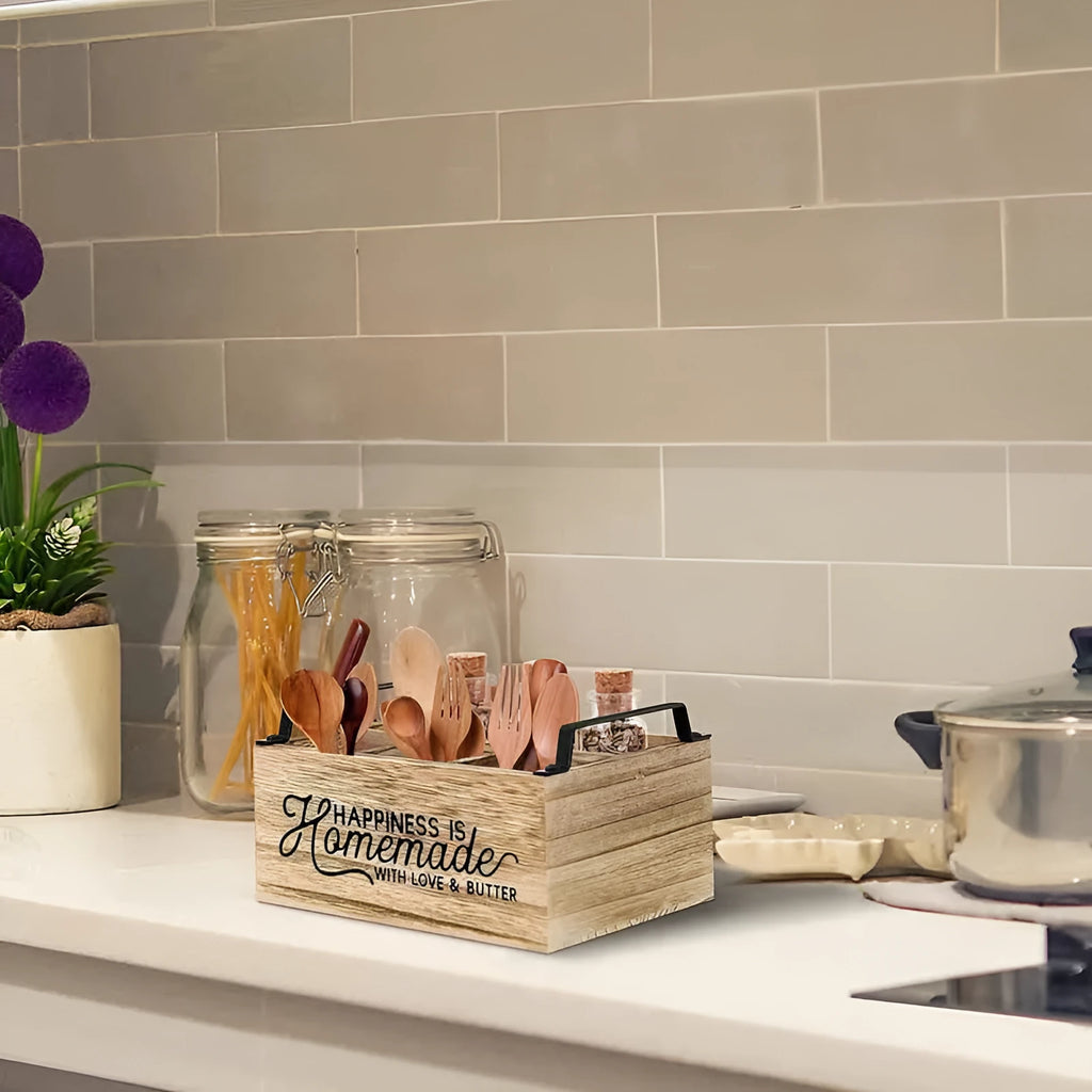 Wooden kitchen tableware storage box with grid organisation compartments