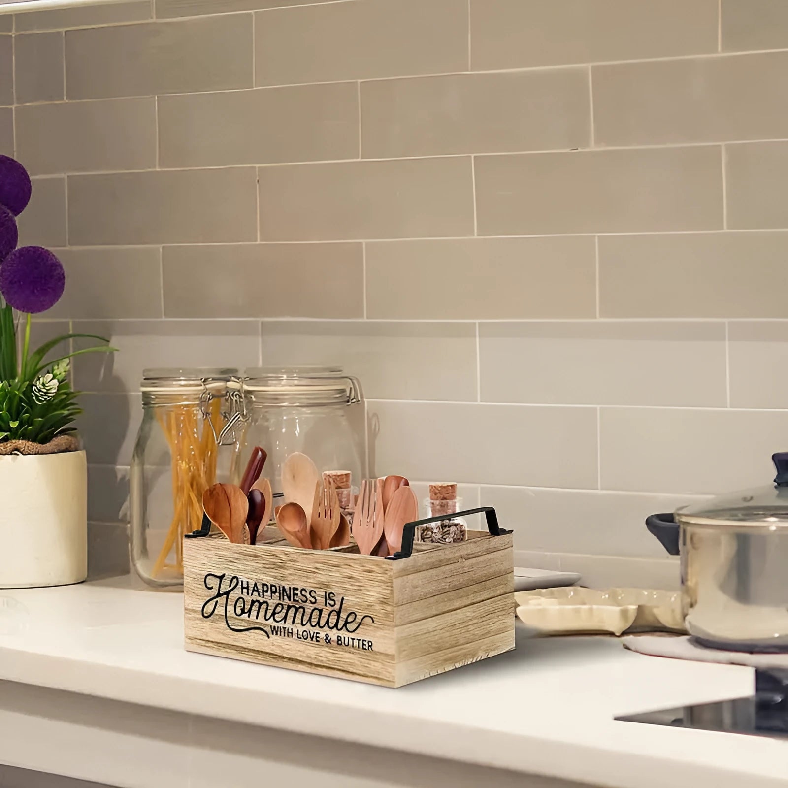 Wooden kitchen tableware storage box with grid organisation compartments