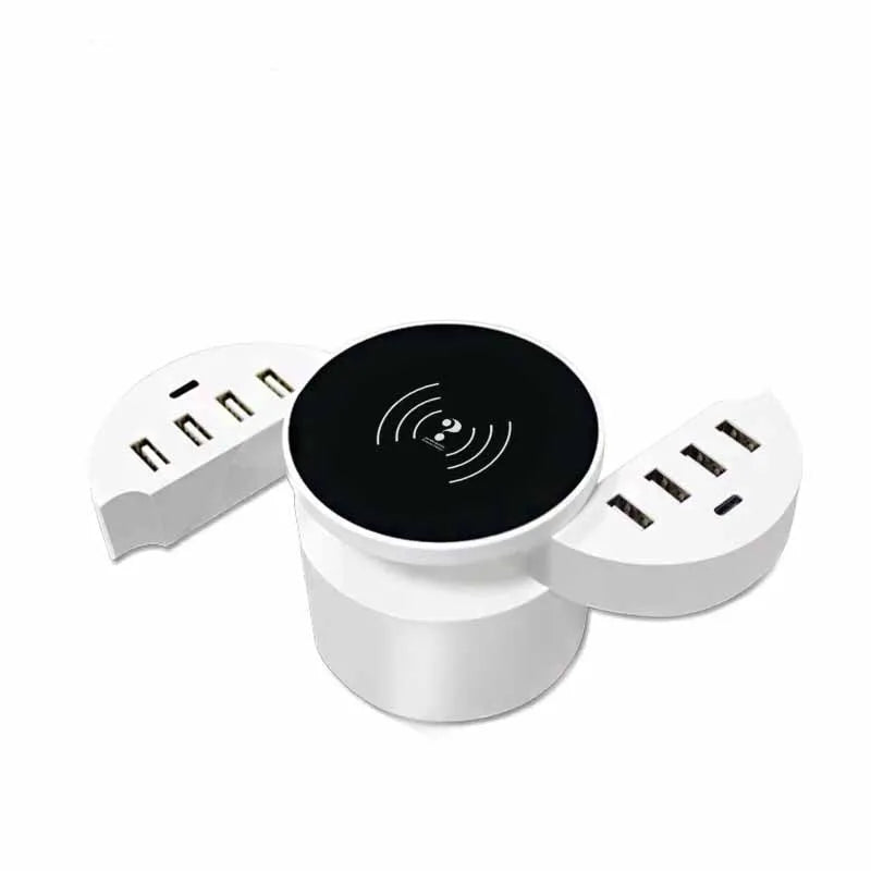 Ceramic white circular wireless smartphone charger with multiple ports and 1.5 metre cable