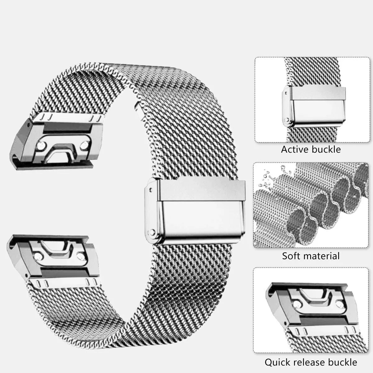Stainless steel card-style replacement strap for Garmin Fenix smartwatch in multiple colours