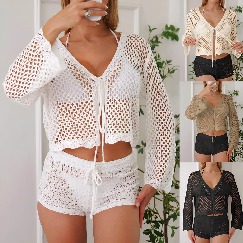 Women's hollow woven cardigan blouse with bell sleeves in solid colour