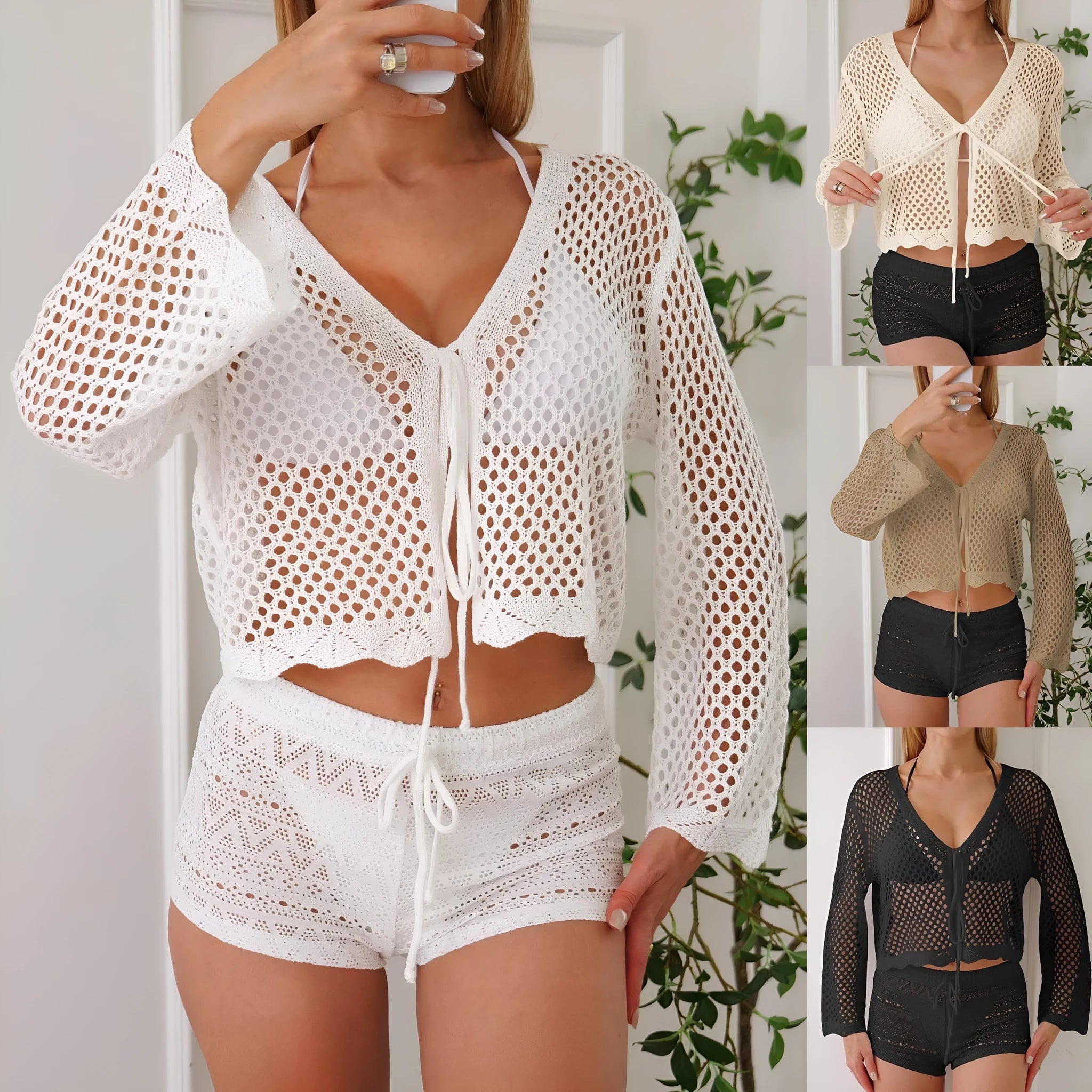 Women's hollow woven cardigan blouse with bell sleeves in solid colour