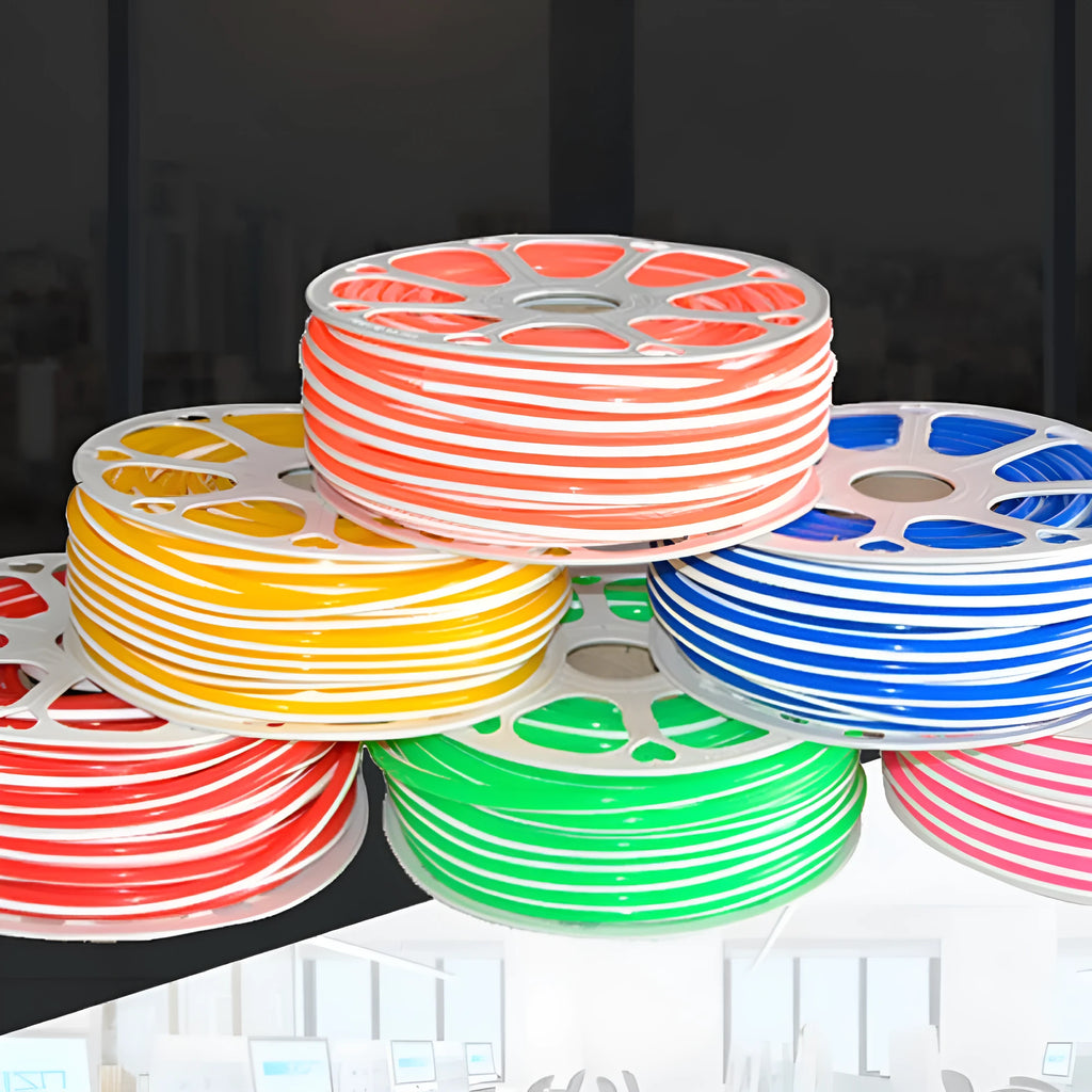 Flexible silicone split neon LED lighting strip showing 8mm width and available in nine bright colours