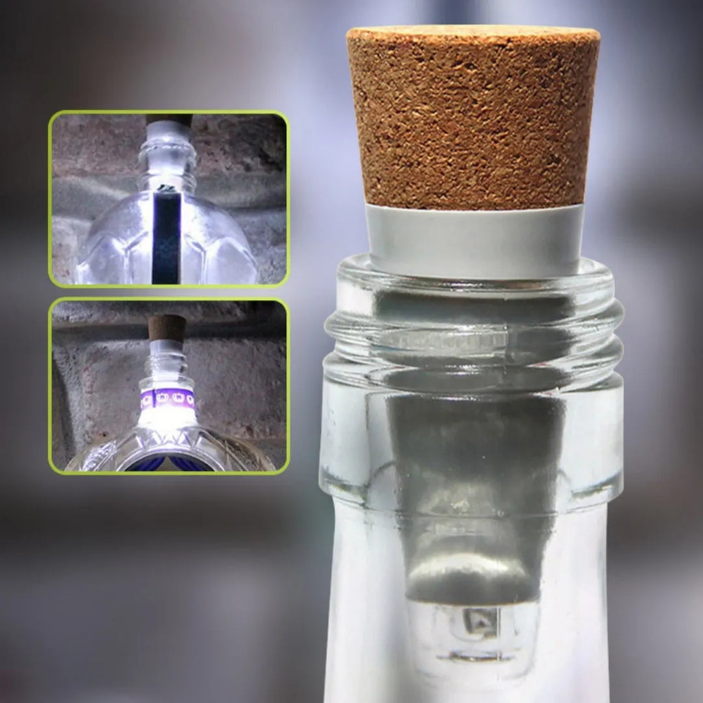 LED rechargeable bottle cap cork light showing plastic housing and 30mm diameter cork section