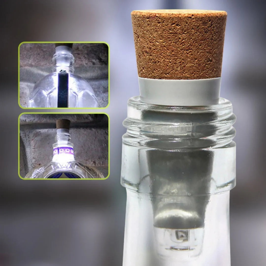 LED rechargeable bottle cap cork light showing plastic housing and 30mm diameter cork section