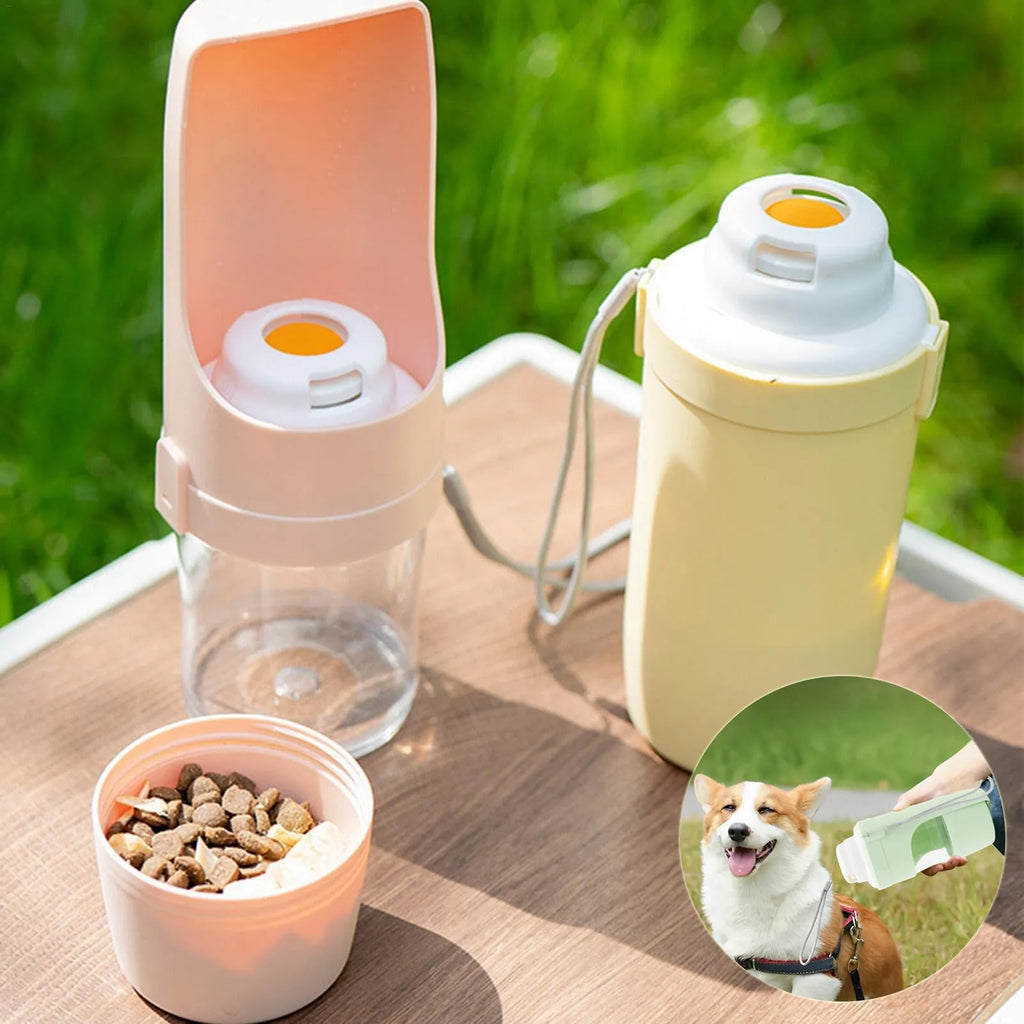 Grey portable 2-in-1 dog travel water bottle and feeder with detachable lanyard.