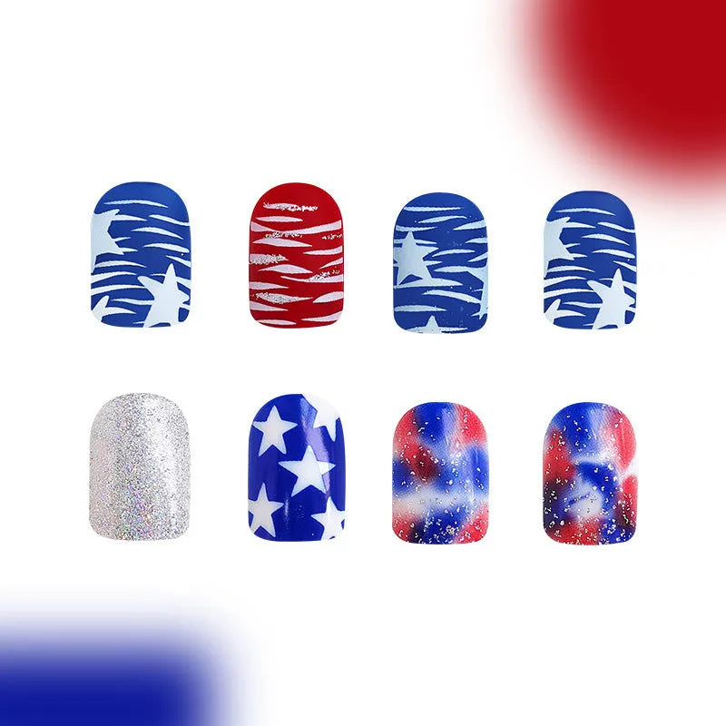 Pre-finished glitter nail tips in red and blue multicolour designs for women