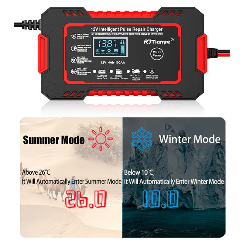 Red American standard car battery charger for lead-acid batteries with on-screen display, 213 x 110 x 64 mm