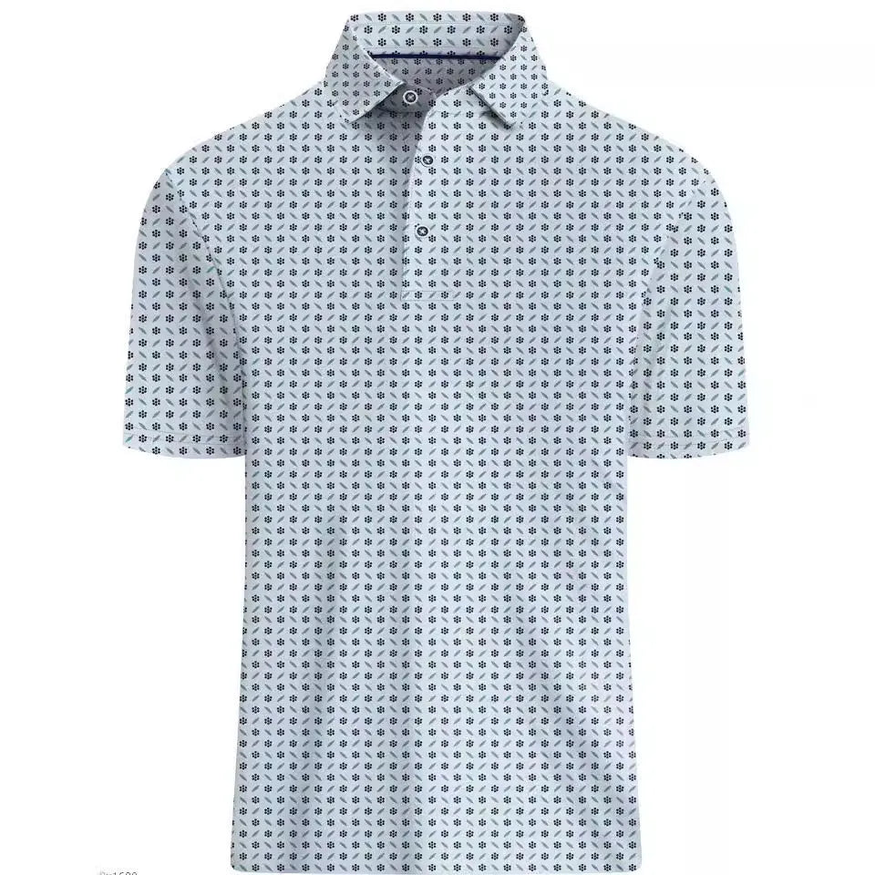 Men's short sleeve t-shirt with 3D printed pattern and zipper decoration on grey mesh fabric.