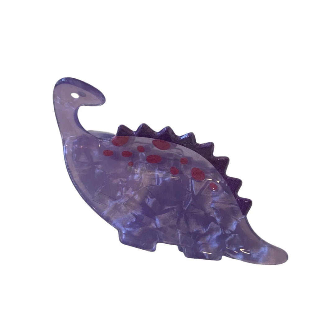 Acrylic dinosaur jaw hair clip showing six colour options including Pink Pterosaur and Blue Little Dinosaur designs