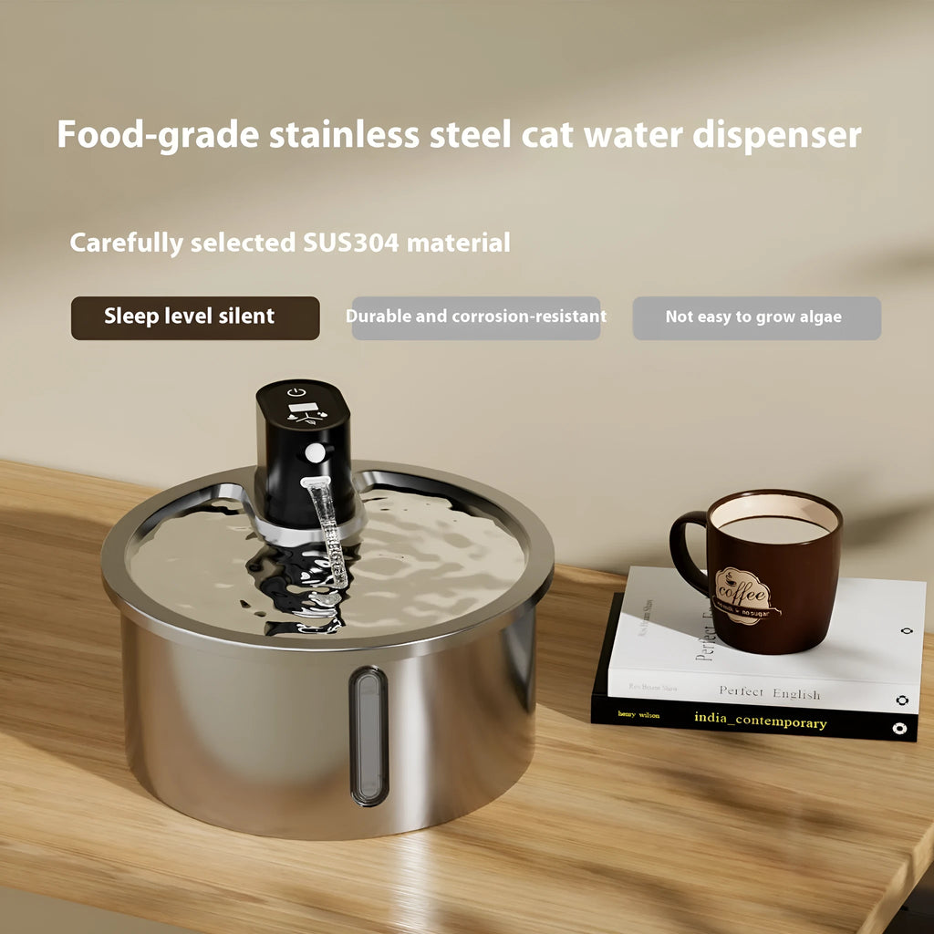 Black stainless steel pet water fountain with digital temperature display on base.