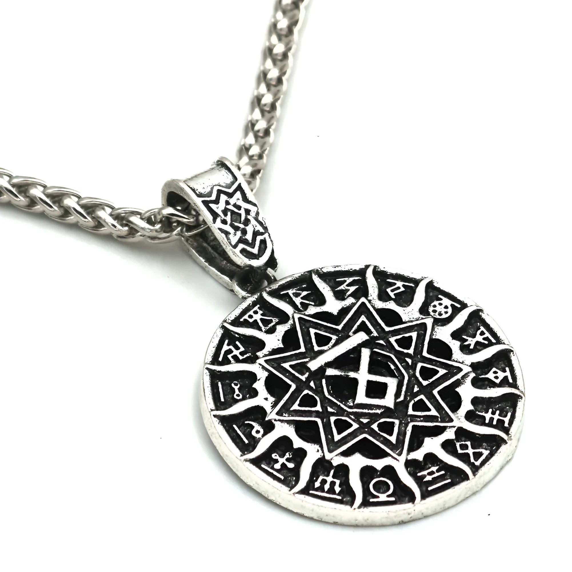 Lunavin ODing logo pendant necklace with leather rope and snake bones chain options in antique silver and bronze