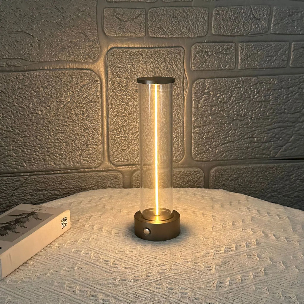 Modern rectangular LED light strip with frosted glass panel, shown with USB cable for charging.