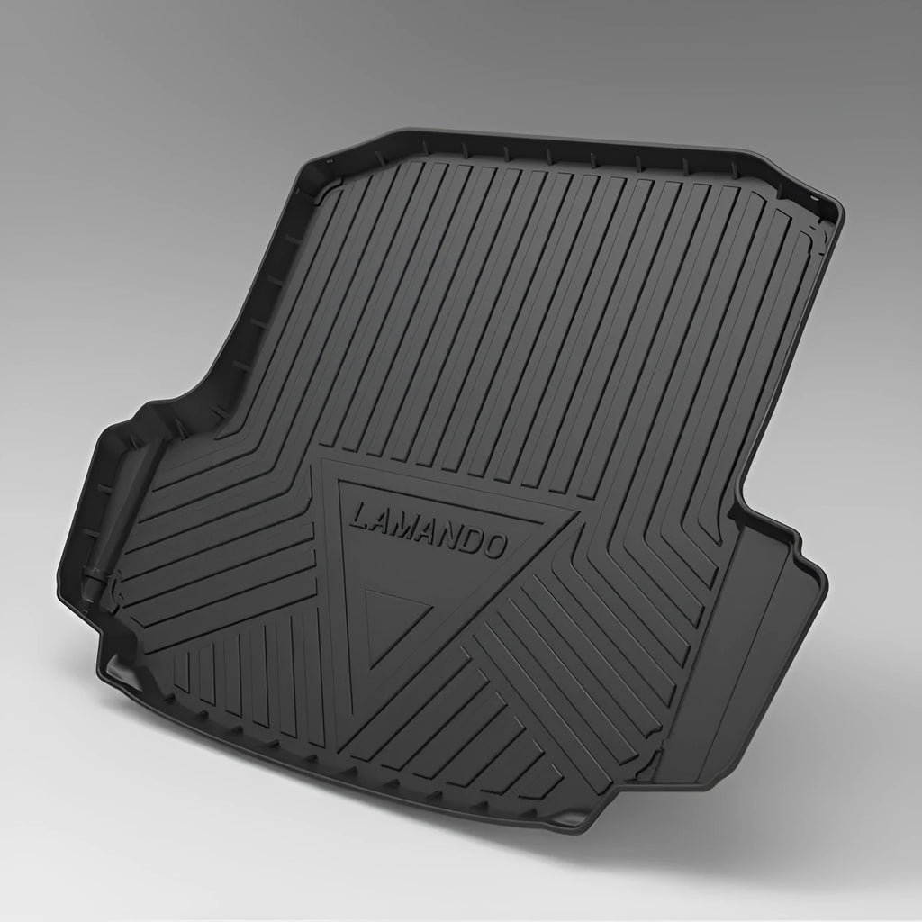 Black TPE car boot liner with a carbon fibre texture pattern laid flat.