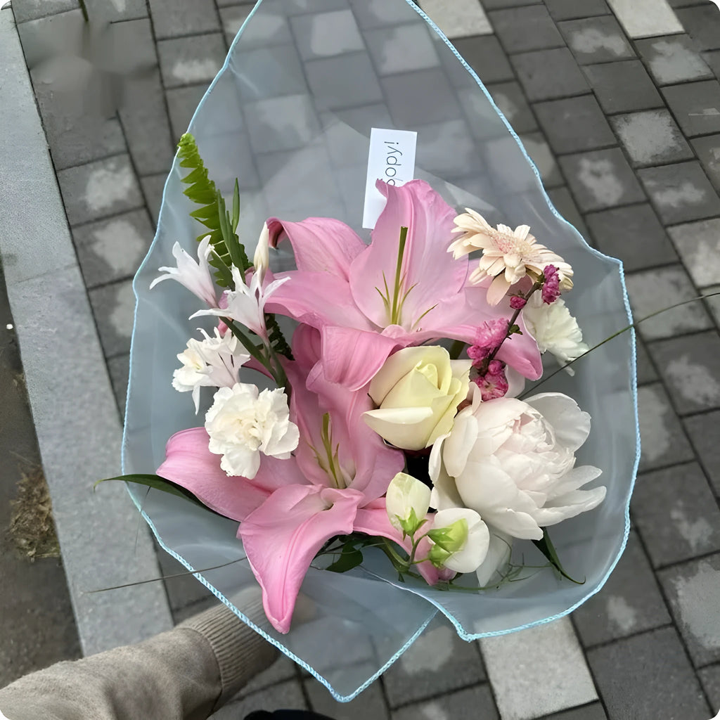 Two square silk flower bouquet bags in arabesquitic fabric, showing texture and colour options.