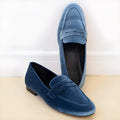 Blue casual flat loafers with black rubber sole and round toe, made from suede-look PU material