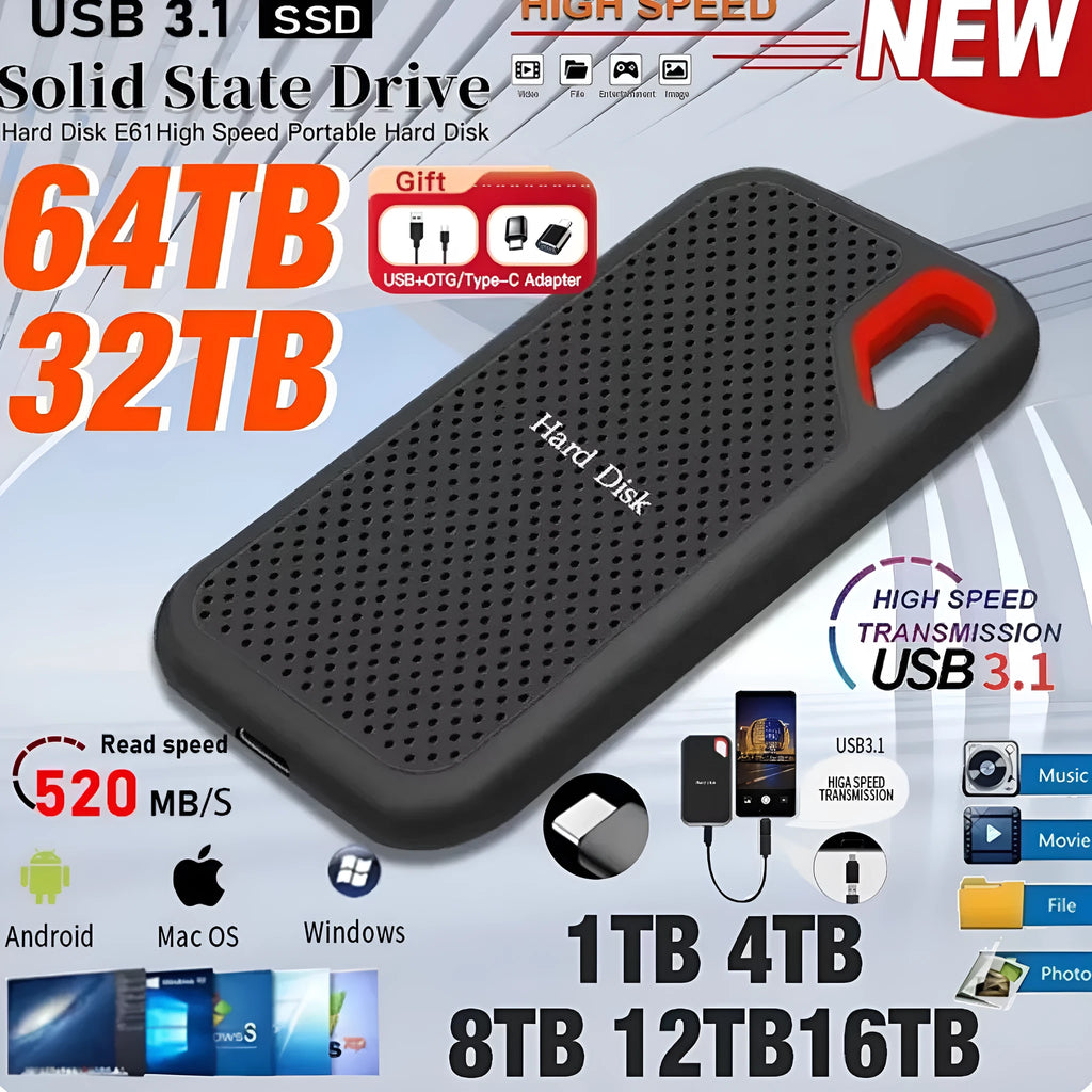 Black portable SSD with USB Type-C 3.1 interface, available in capacities from 500GB to 256TB