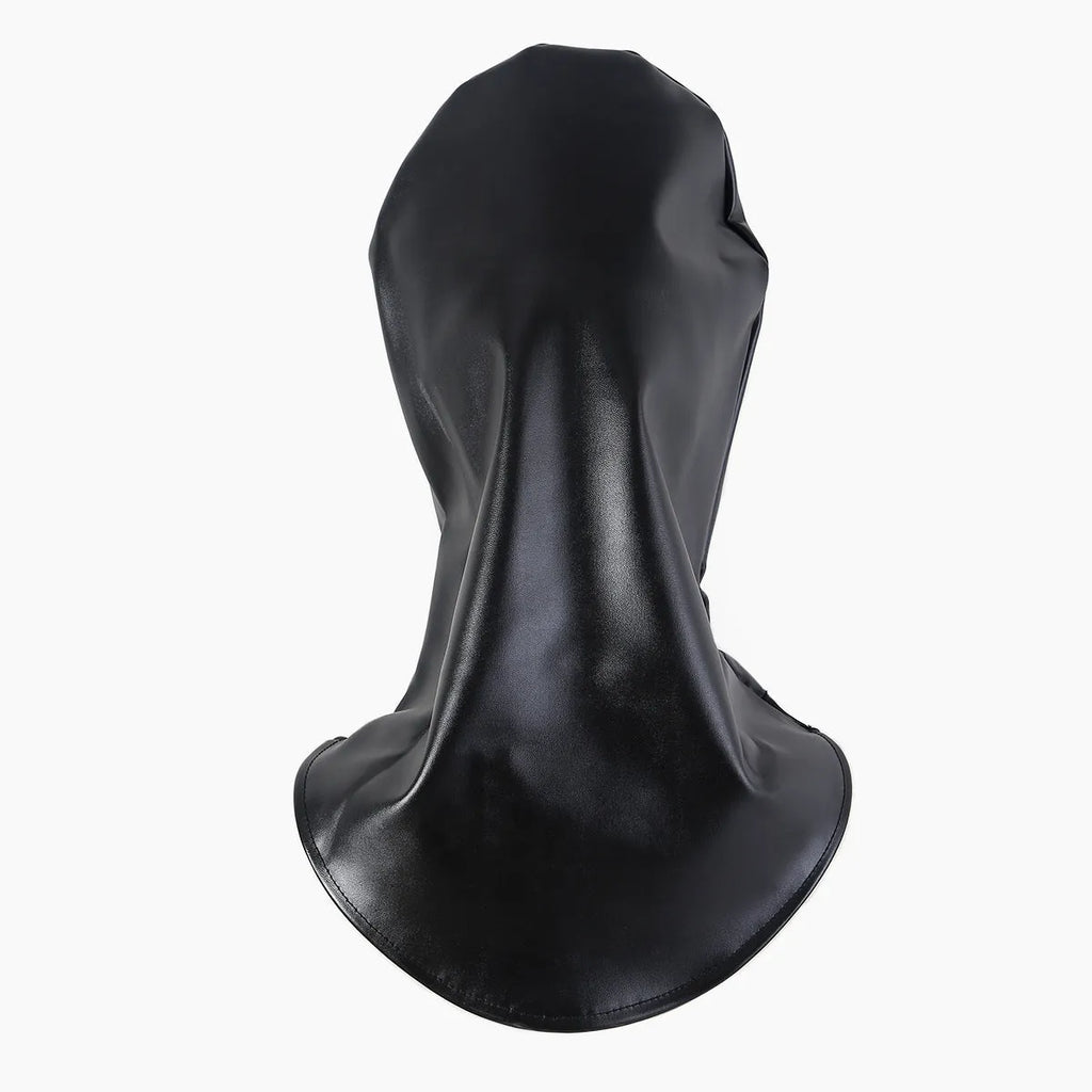 Black leather BDSM mask with adjustable straps for adult role play training