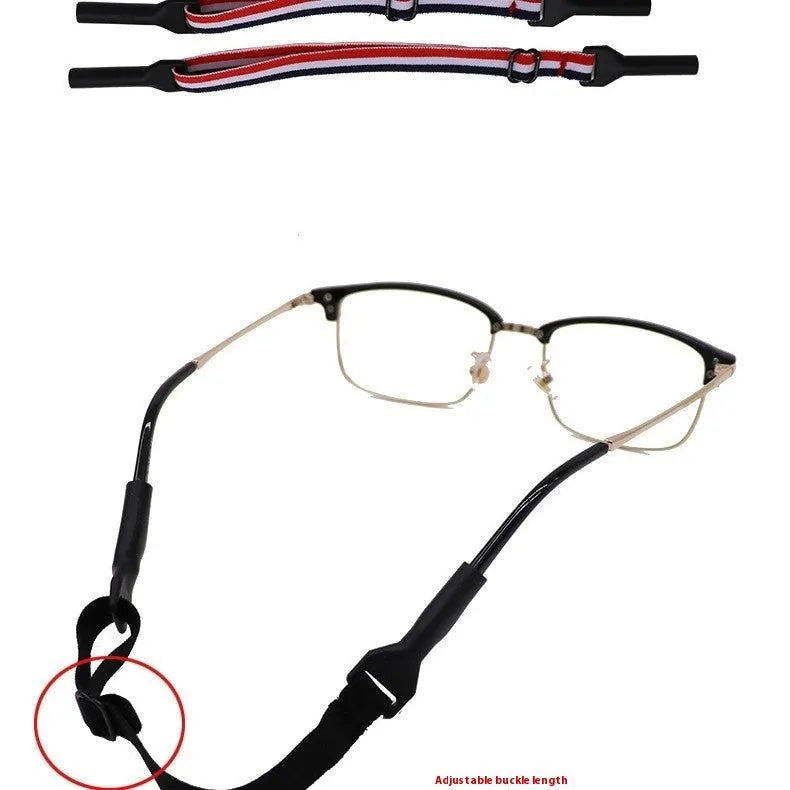 Black adjustable glasses cord with silicone earpiece ends shown on spectacles