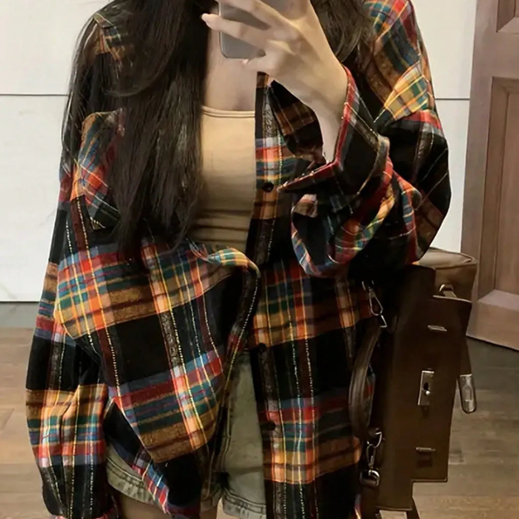 Women's loose fit plaid shirt in cotton fabric showing black, green and purple colour options