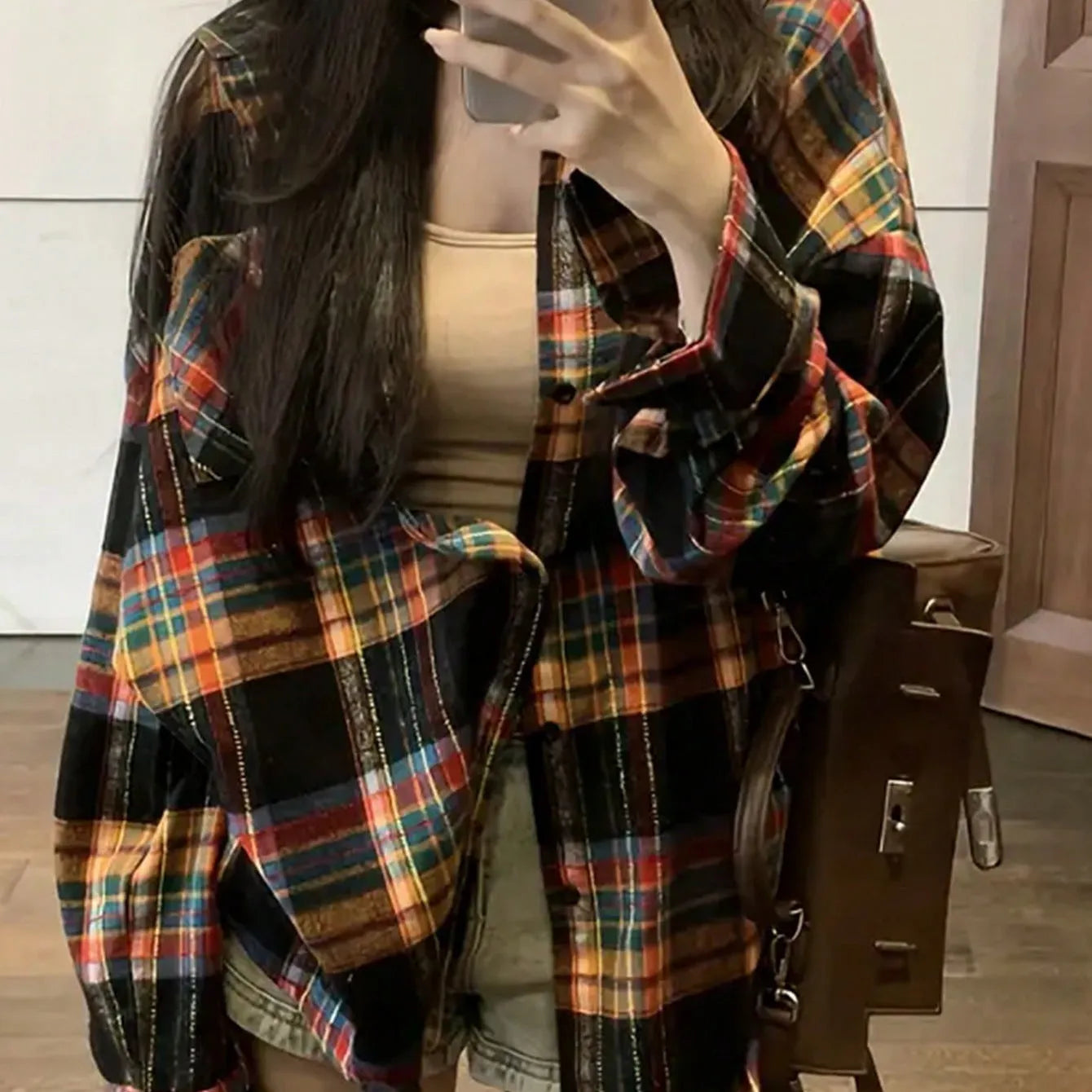 Women's loose fit plaid shirt in cotton fabric showing black, green and purple colour options