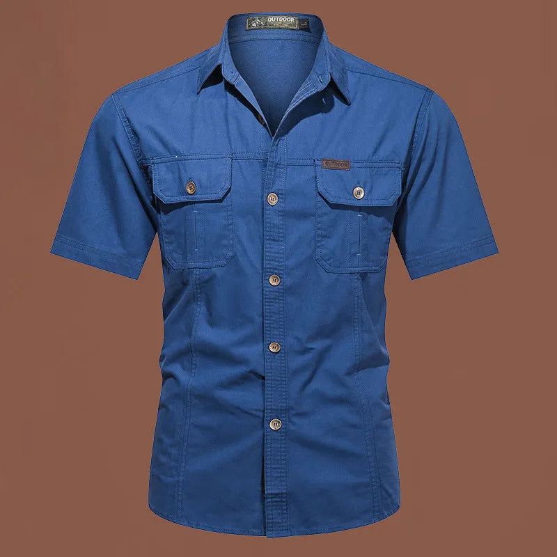 Men's army green cotton short sleeve work shirt with a cardigan style and loose fit.