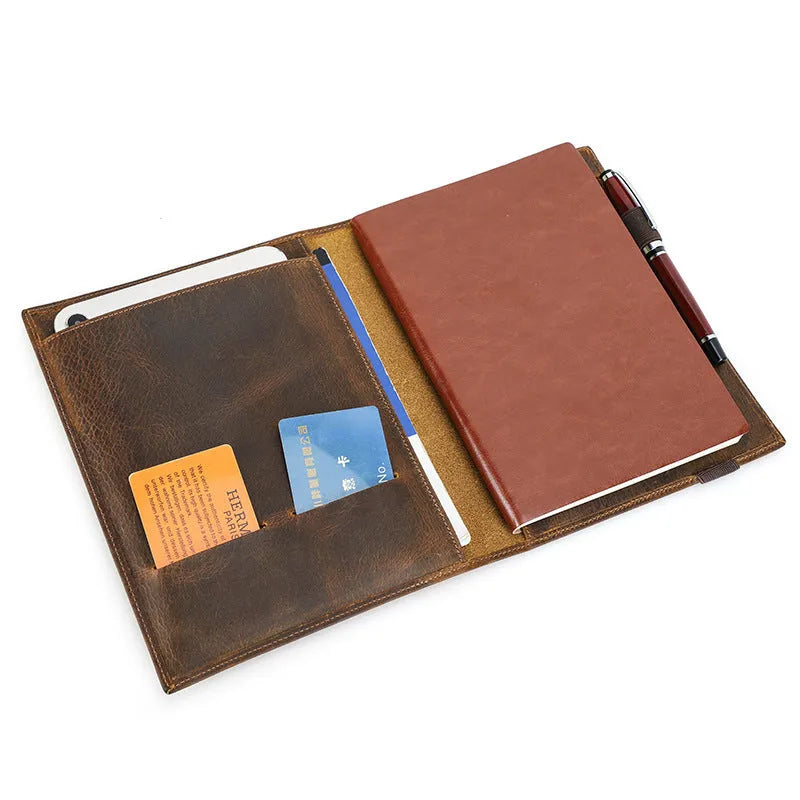 Brown Crazy Horse leather A5 notebook protective sleeve with square socket-style design